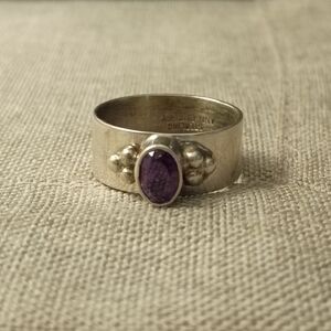Sterling Silver Amethyst Wide Band Ring Handmade By Artist Ann Curley